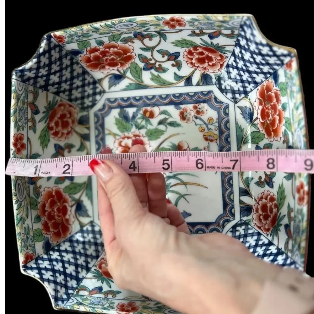 Japanese Imari Porcelain Flora Blue & Red Gold Trim Square Bowl Made in Japan